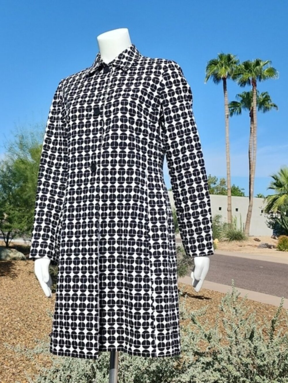 NINE WEST Black White Topper Long Jacket XS Peacoat Driving Coat Retro Mod Vibe